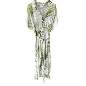 H&M Tie-Belt Palm Leaves Maxi Shirt Dress XL Vacation Beach Tropical Green White